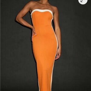 Lulu's Orange Strapless Midi Dress with White Trim